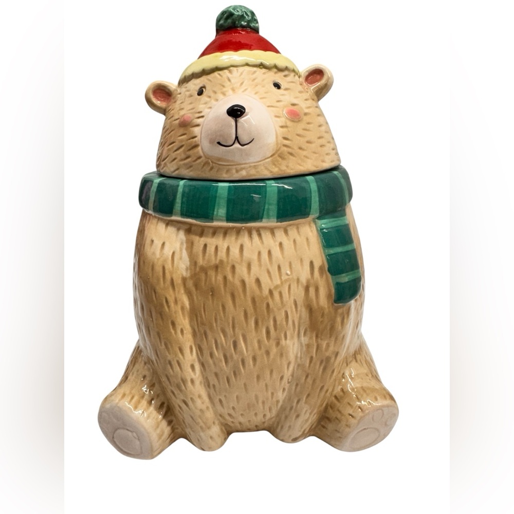 Festive Bear Ceramic Treat Jar with Green Scarf and Red Hat - Picture 3 of 6